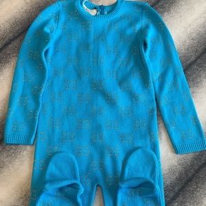 Gucci Double G Long Sleeve All In One One Piece GG Logo Gold Turquoise Onesie